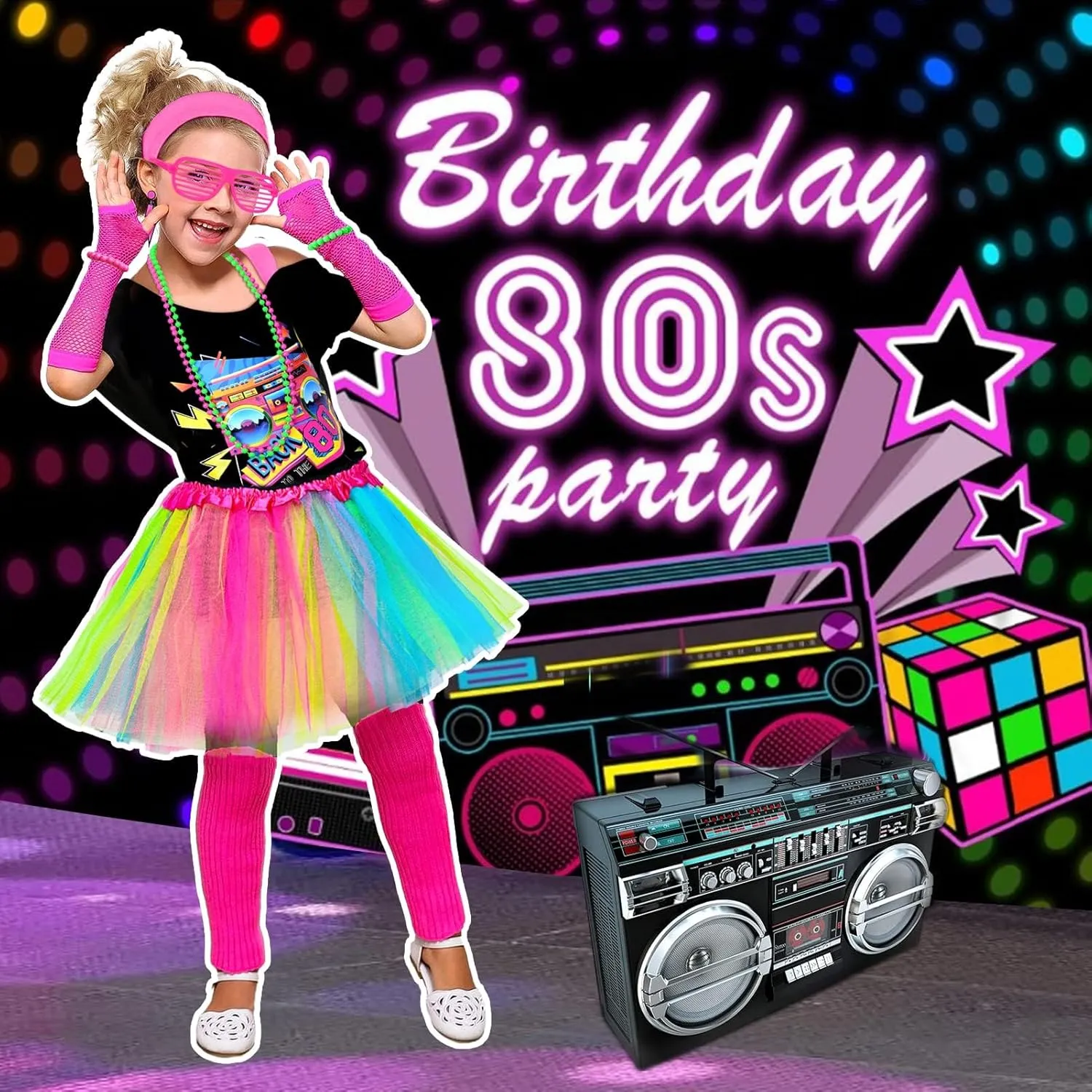 14Pcs Kids 80s Costume 5T-14 Accessories Set Halloween Party Fancy Outfits Cosplay 1980s Theme Retro Hop Hip Party for Girls