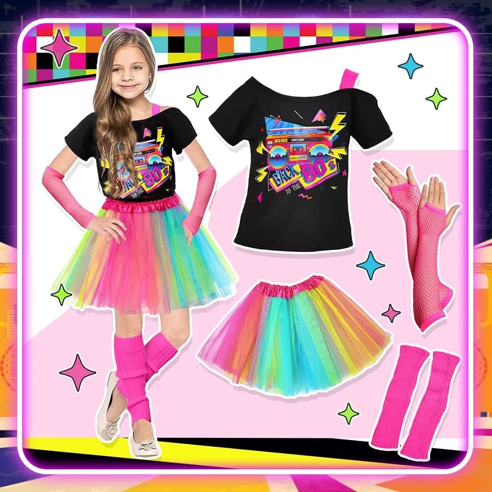 14Pcs Kids 80s Costume 5T-14 Accessories Set Halloween Party Fancy Outfits Cosplay 1980s Theme Retro Hop Hip Party for Girls