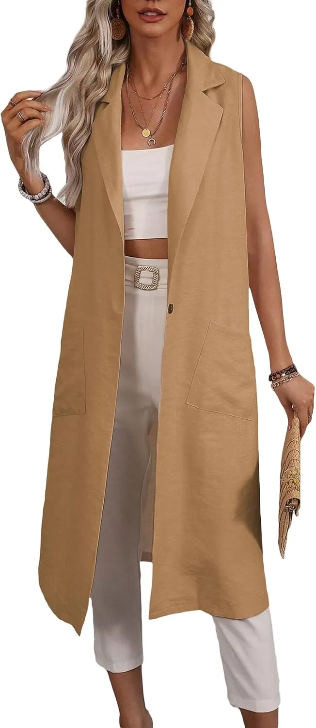 2025 Summer Sleeveless Long Linen Blazers Jacket Women Lightweight Fashion Casual Work Outerwear with Pockets