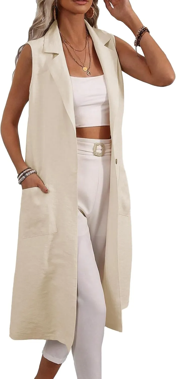 2025 Summer Sleeveless Long Linen Blazers Jacket Women Lightweight Fashion Casual Work Outerwear with Pockets
