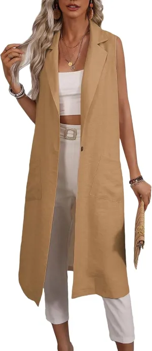 2025 Summer Sleeveless Long Linen Blazers Jacket Women Lightweight Fashion Casual Work Outerwear with Pockets