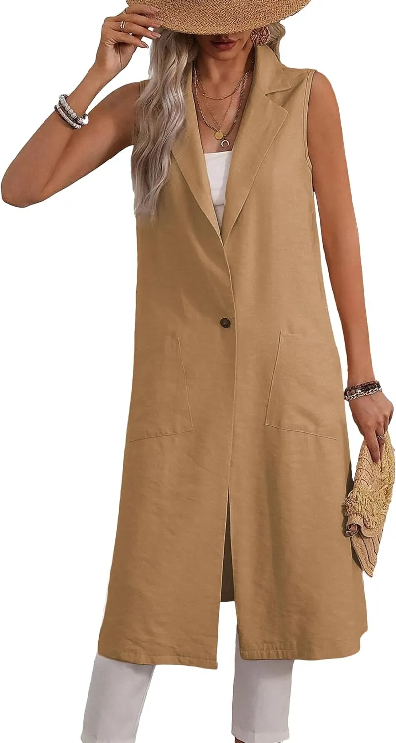 2025 Summer Sleeveless Long Linen Blazers Jacket Women Lightweight Fashion Casual Work Outerwear with Pockets