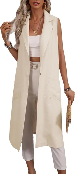 2025 Summer Sleeveless Long Linen Blazers Jacket Women Lightweight Fashion Casual Work Outerwear with Pockets