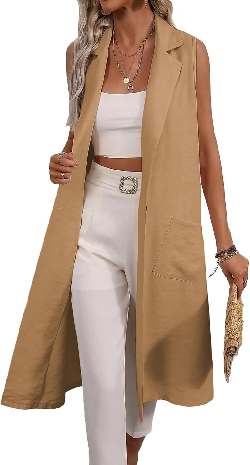 2025 Summer Sleeveless Long Linen Blazers Jacket Women Lightweight Fashion Casual Work Outerwear with Pockets