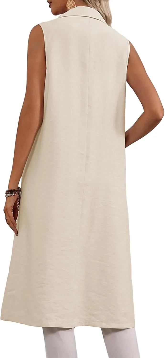 2025 Summer Sleeveless Long Linen Blazers Jacket Women Lightweight Fashion Casual Work Outerwear with Pockets