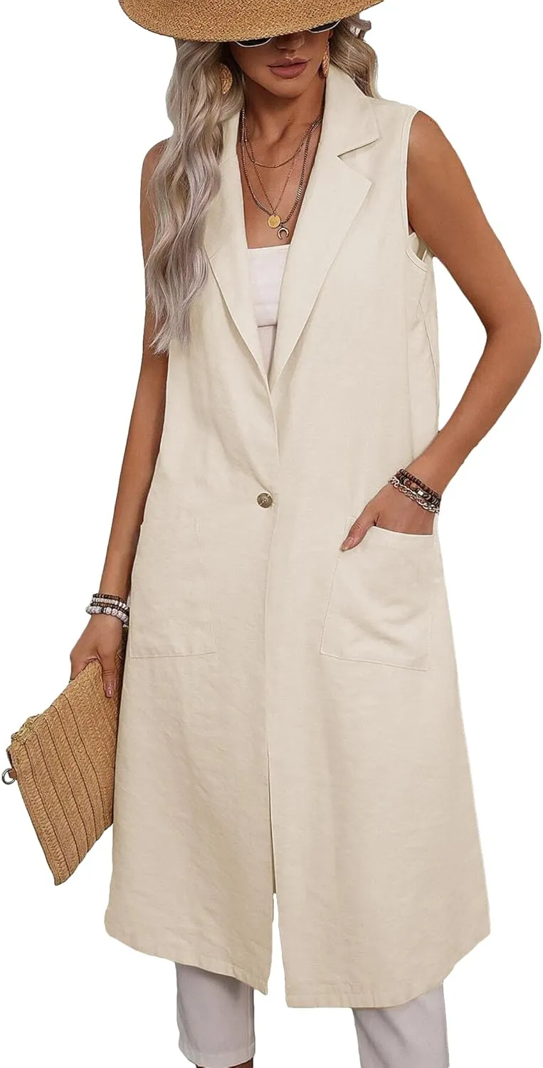 2025 Summer Sleeveless Long Linen Blazers Jacket Women Lightweight Fashion Casual Work Outerwear with Pockets