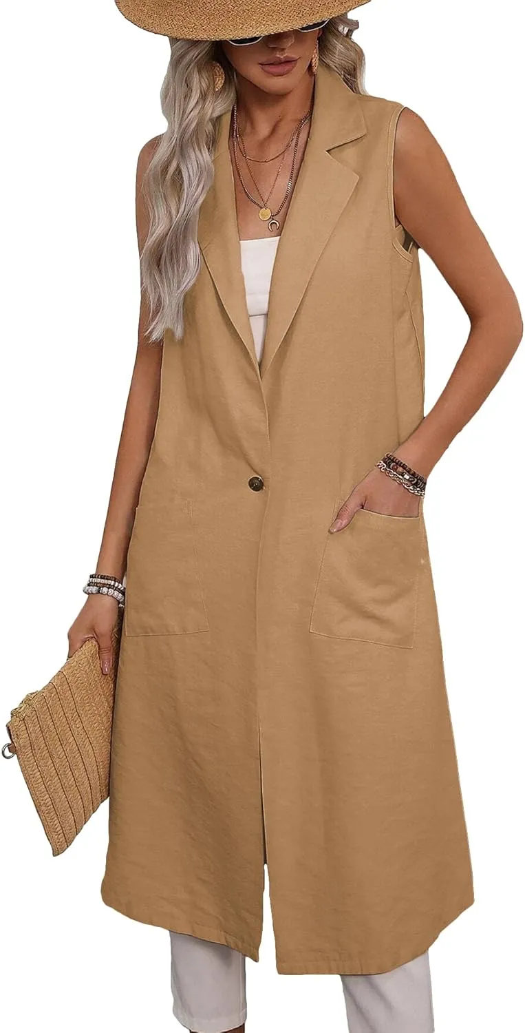 2025 Summer Sleeveless Long Linen Blazers Jacket Women Lightweight Fashion Casual Work Outerwear with Pockets