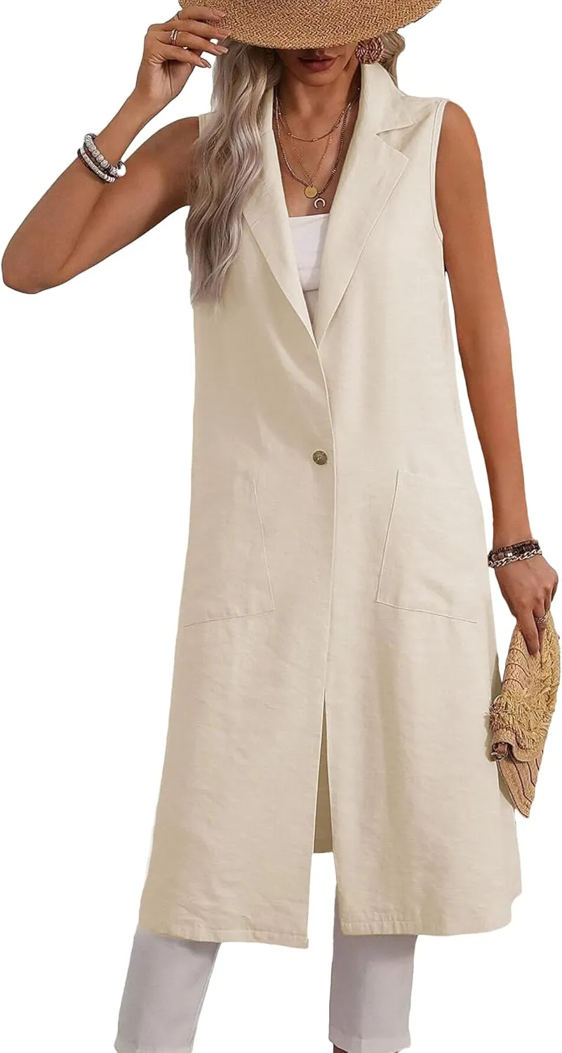 2025 Summer Sleeveless Long Linen Blazers Jacket Women Lightweight Fashion Casual Work Outerwear with Pockets