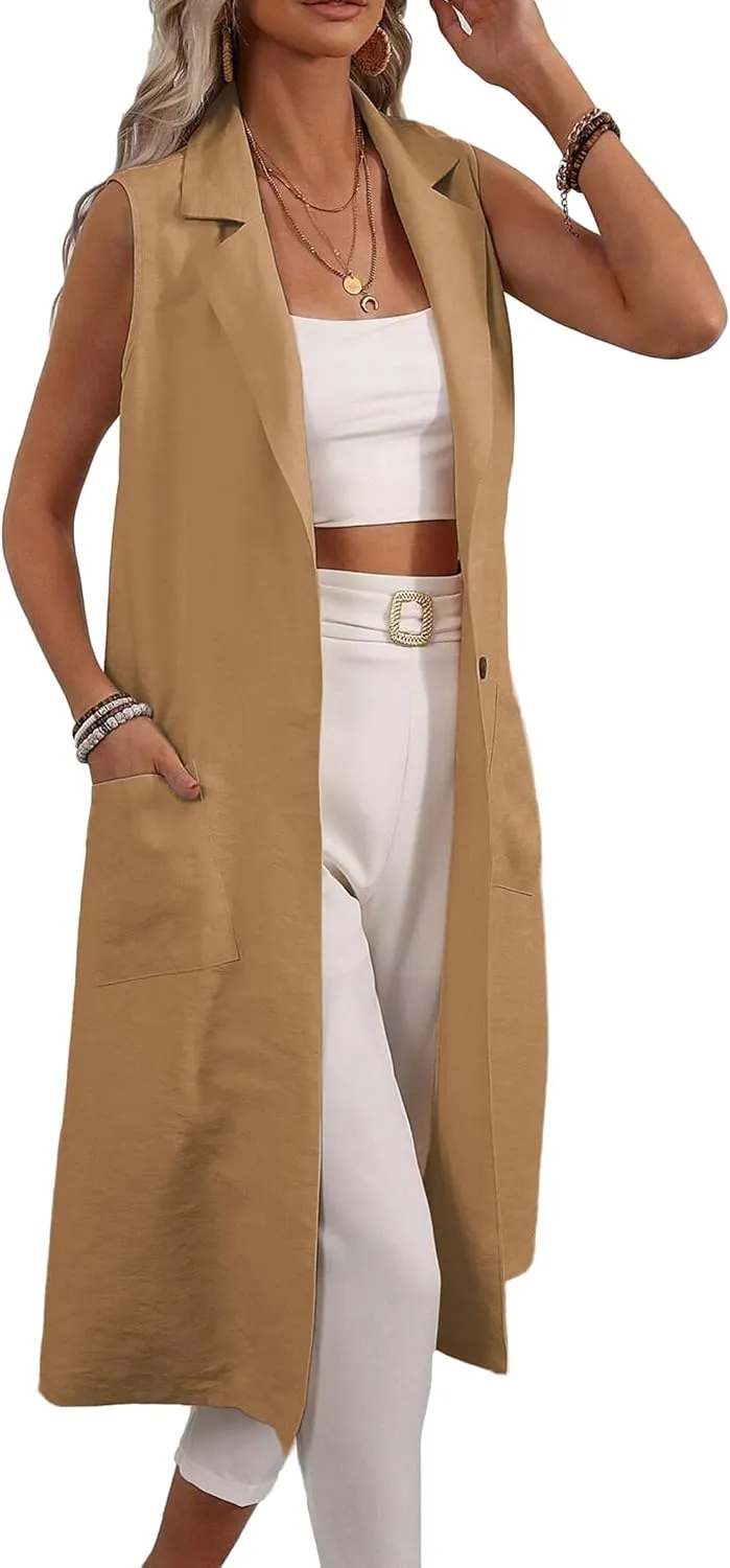2025 Summer Sleeveless Long Linen Blazers Jacket Women Lightweight Fashion Casual Work Outerwear with Pockets