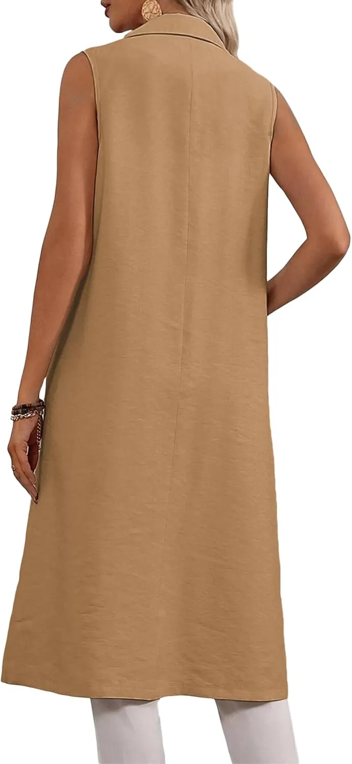 2025 Summer Sleeveless Long Linen Blazers Jacket Women Lightweight Fashion Casual Work Outerwear with Pockets