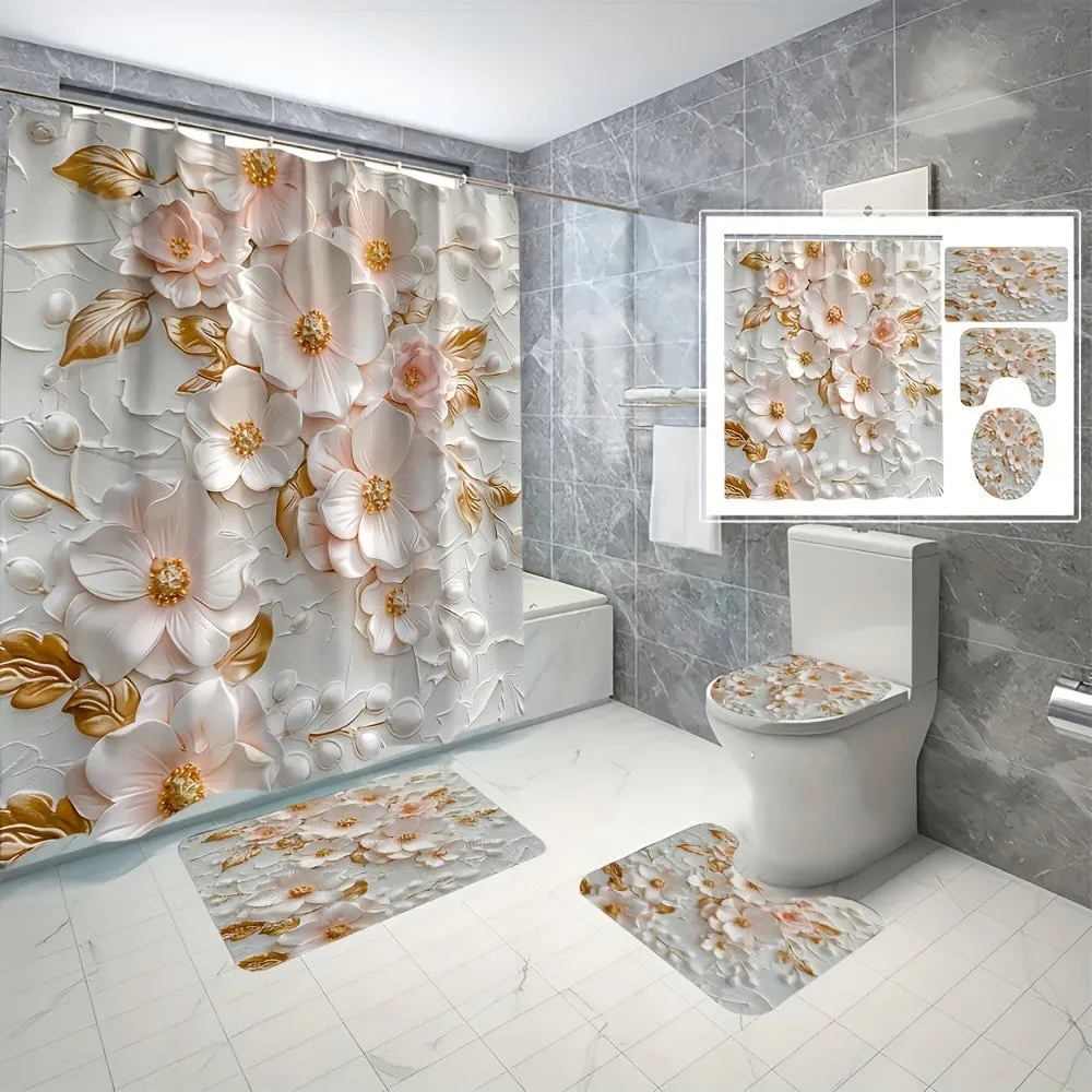 4pcs Flowers And Plants Series Style Bathroom Curtains Digital 3D Printing Waterproof Bathroom Curtains Set Bathroom Curtains Non Perforated Bathroom Curtains