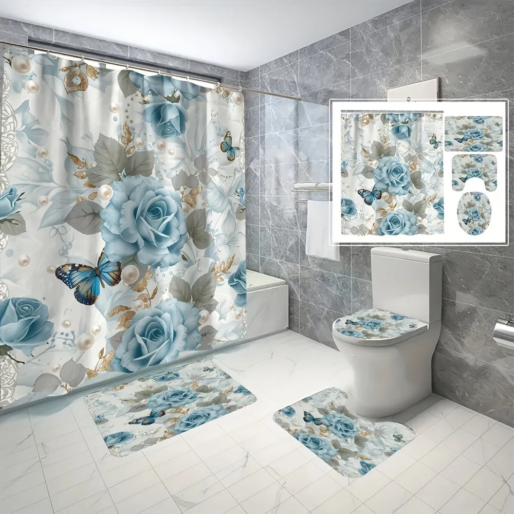 4pcs Flowers And Plants Series Style Bathroom Curtains Digital 3D Printing Waterproof Bathroom Curtains Set Bathroom Curtains Non Perforated Bathroom Curtains