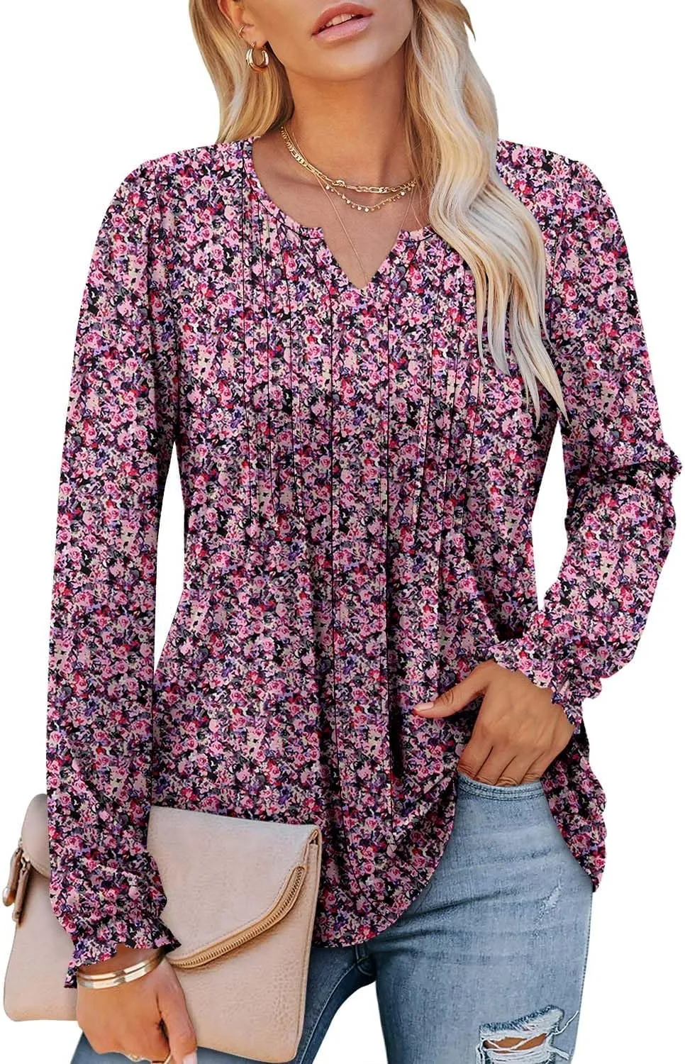 Angerella Long Sleeve Shirts for Women Comfy V Neck Fall Tops Dressy Casual Blouses Trendy Tunic Tops for Leggings S-3XL