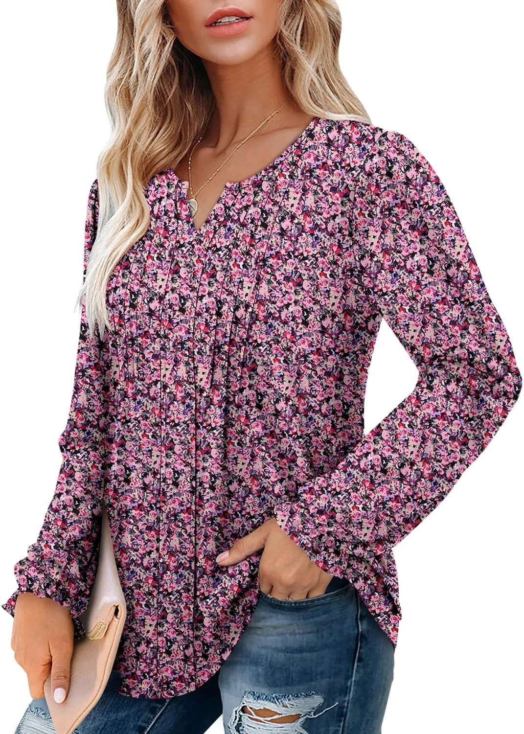 Angerella Long Sleeve Shirts for Women Comfy V Neck Fall Tops Dressy Casual Blouses Trendy Tunic Tops for Leggings S-3XL