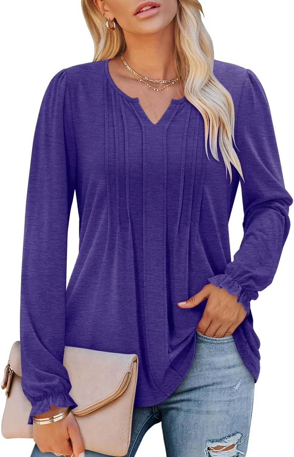 Angerella Long Sleeve Shirts for Women Comfy V Neck Fall Tops Dressy Casual Blouses Trendy Tunic Tops for Leggings S-3XL
