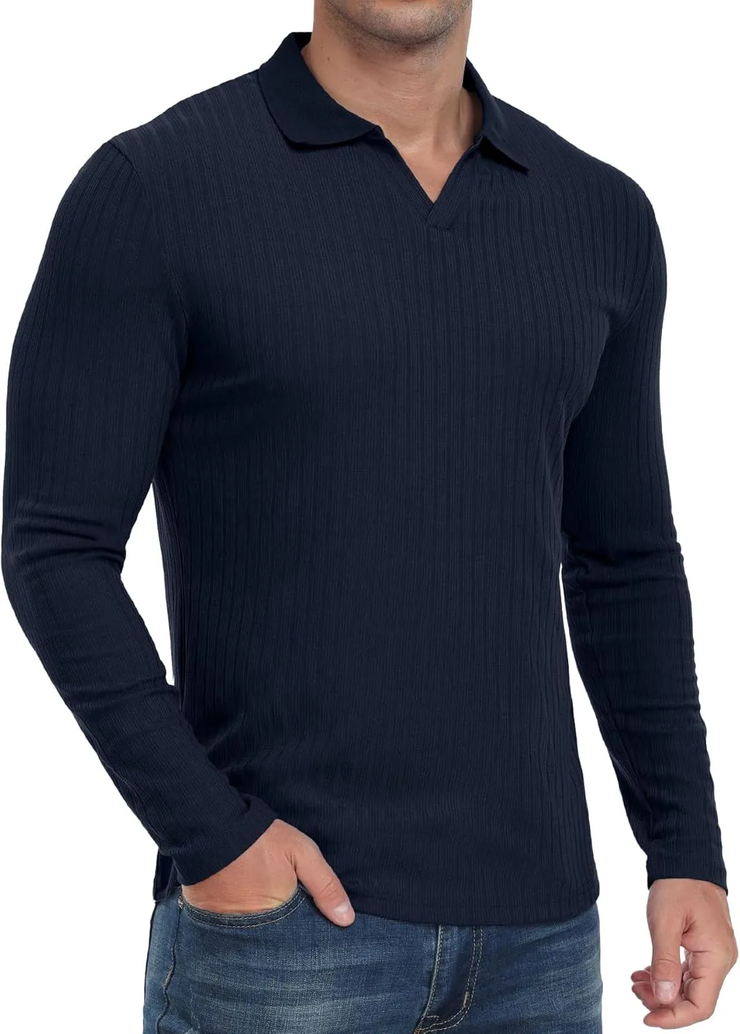 Askdeer Men's Muscle Polo Shirts V Neck Slim Fit Ribbed T Shirts Short/Long Sleeve Golf Collar Shirt Knit Casual Tee
