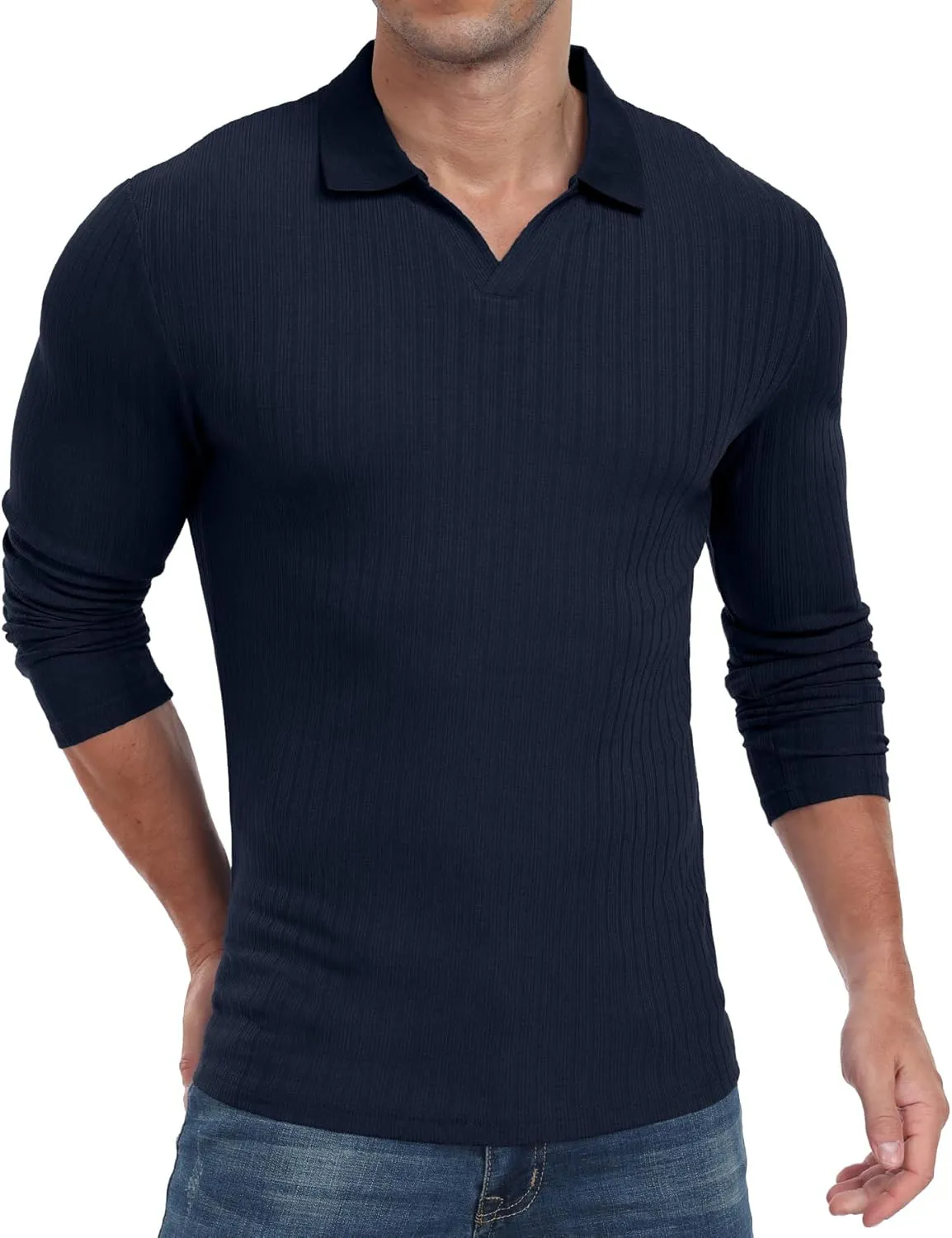 Askdeer Men's Muscle Polo Shirts V Neck Slim Fit Ribbed T Shirts Short/Long Sleeve Golf Collar Shirt Knit Casual Tee