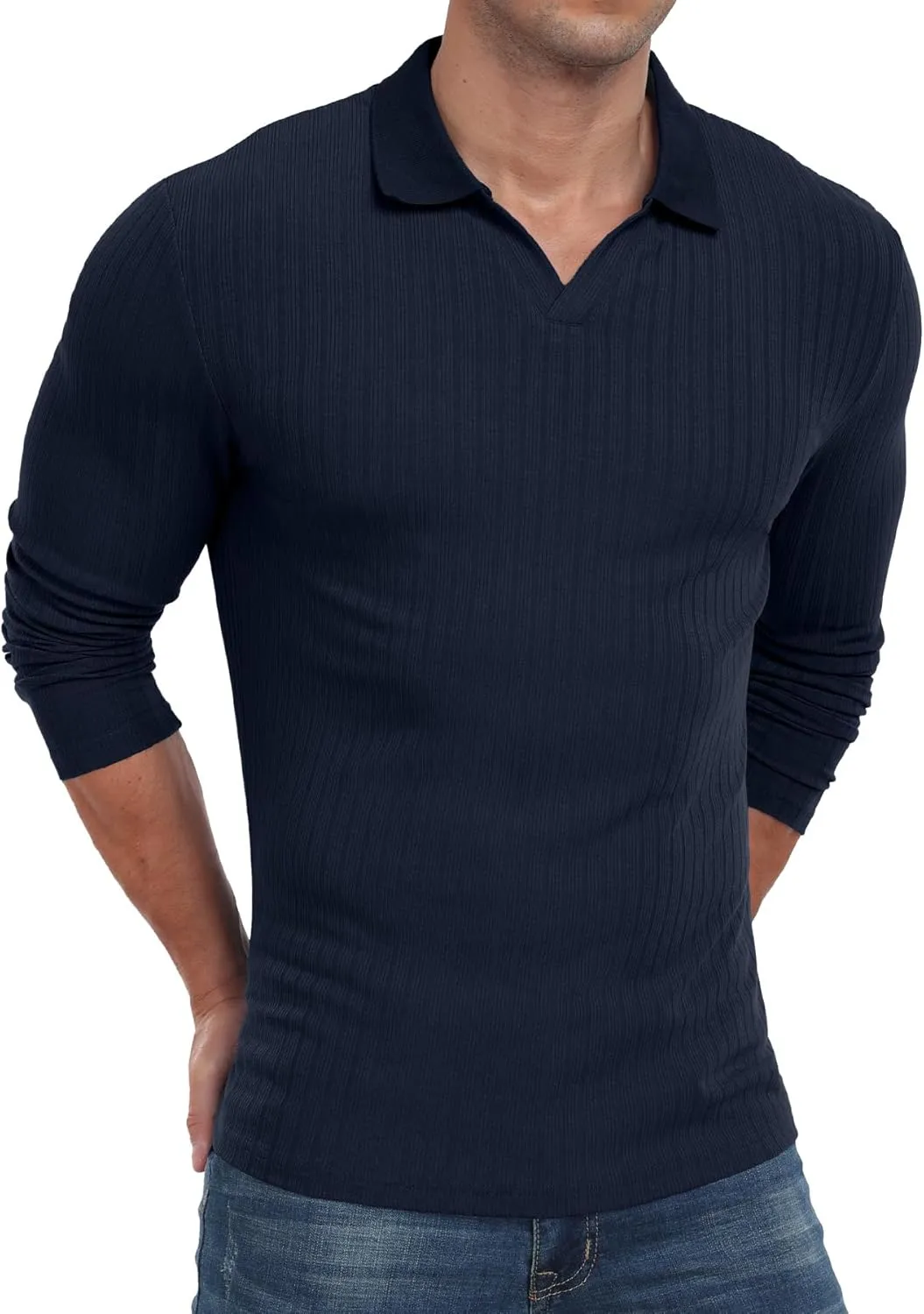 Askdeer Men's Muscle Polo Shirts V Neck Slim Fit Ribbed T Shirts Short/Long Sleeve Golf Collar Shirt Knit Casual Tee