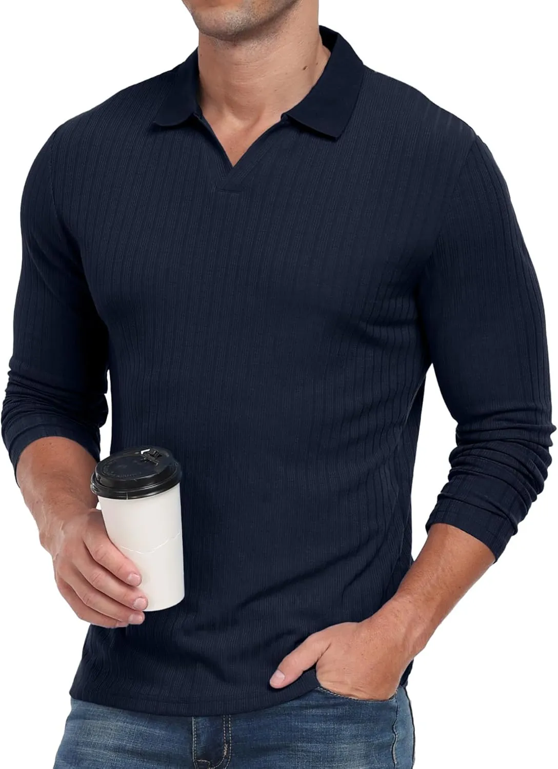 Askdeer Men's Muscle Polo Shirts V Neck Slim Fit Ribbed T Shirts Short/Long Sleeve Golf Collar Shirt Knit Casual Tee