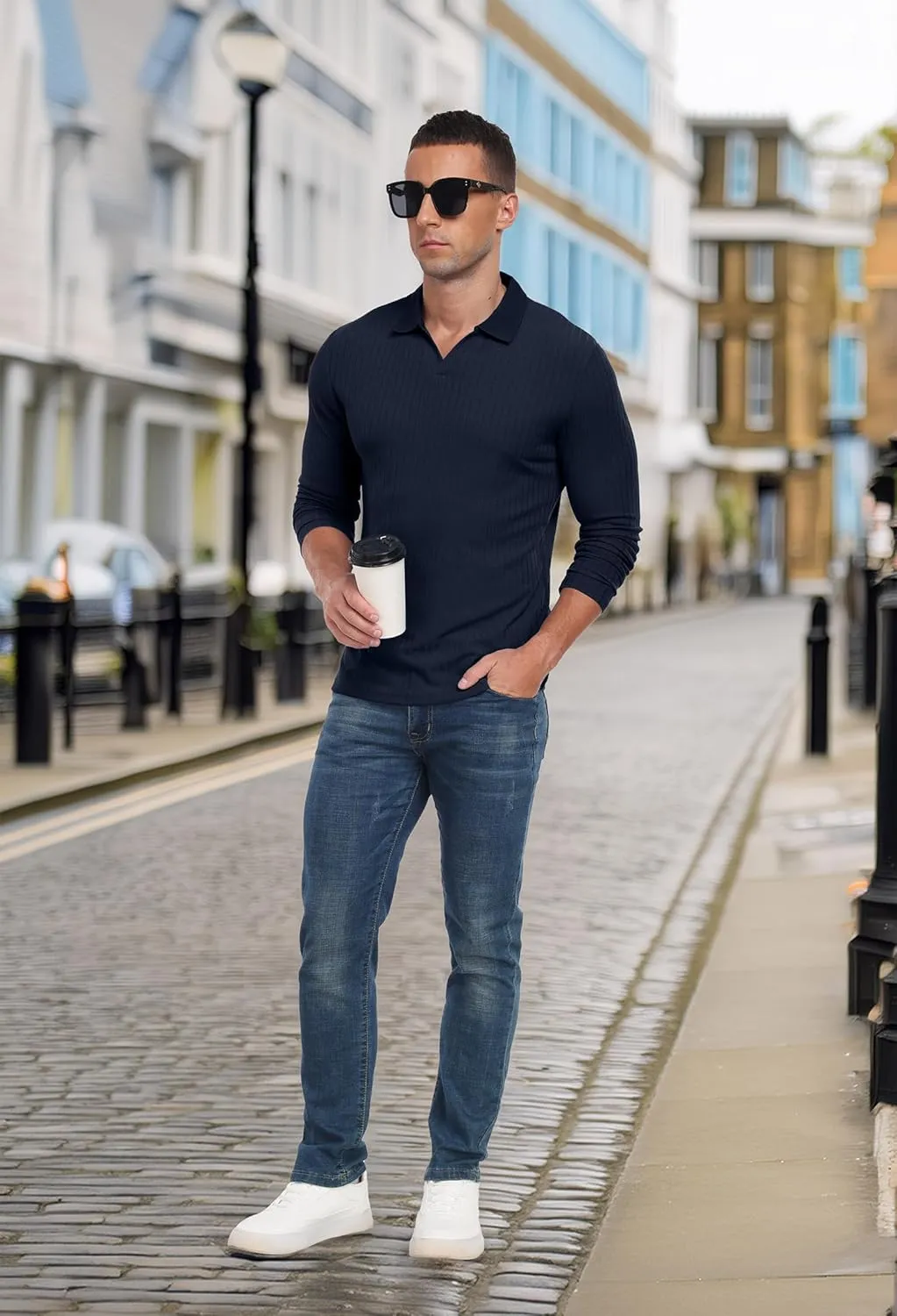 Askdeer Men's Muscle Polo Shirts V Neck Slim Fit Ribbed T Shirts Short/Long Sleeve Golf Collar Shirt Knit Casual Tee