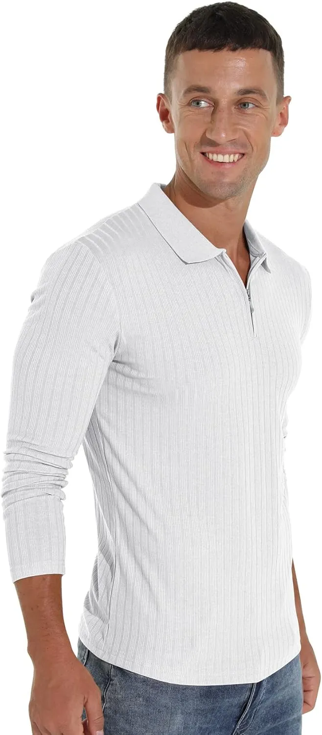 Askdeer Men's Polo Shirts Slim Fit Short/Long Sleeve Zipper Polo T Shirt Casual Golf Shirt Classic Tee