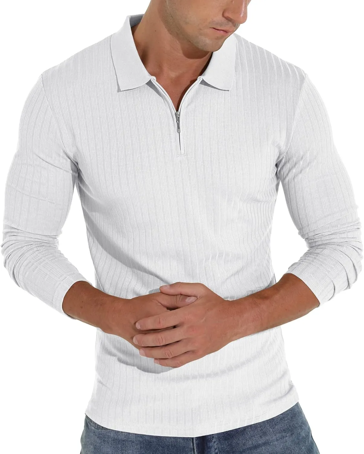 Askdeer Men's Polo Shirts Slim Fit Short/Long Sleeve Zipper Polo T Shirt Casual Golf Shirt Classic Tee