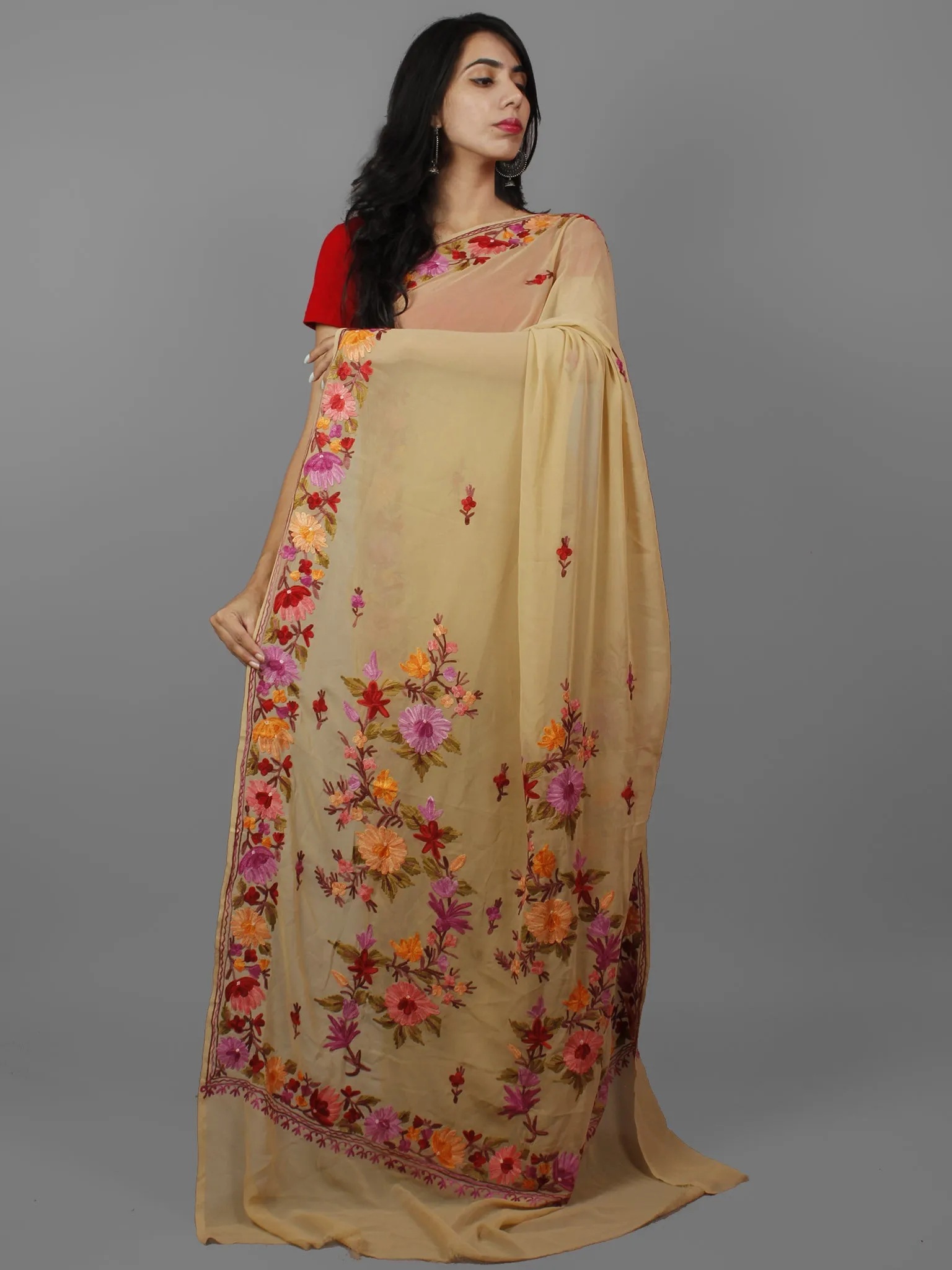 Beige Lavneder Maroon Aari Embroidered Georgette Saree From Kashmir  - S031702142