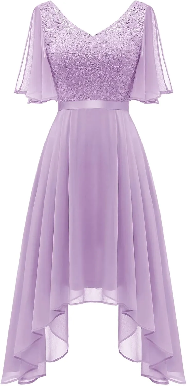 BeryLove Women's Prom Cocktail Formal Wedding Guest Lace Dress 2025 Flutter Sleeve Hem Bridesmaid Dresses