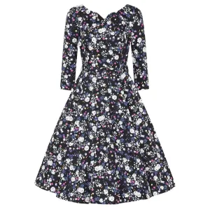 Black Multi Floral Print 3/4 Sleeve 50s Swing Dress