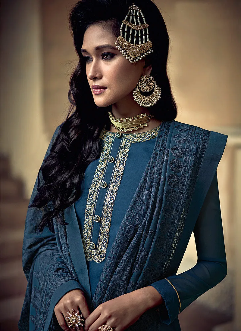 Blue Allover Embroidered Designer Sharara Suit