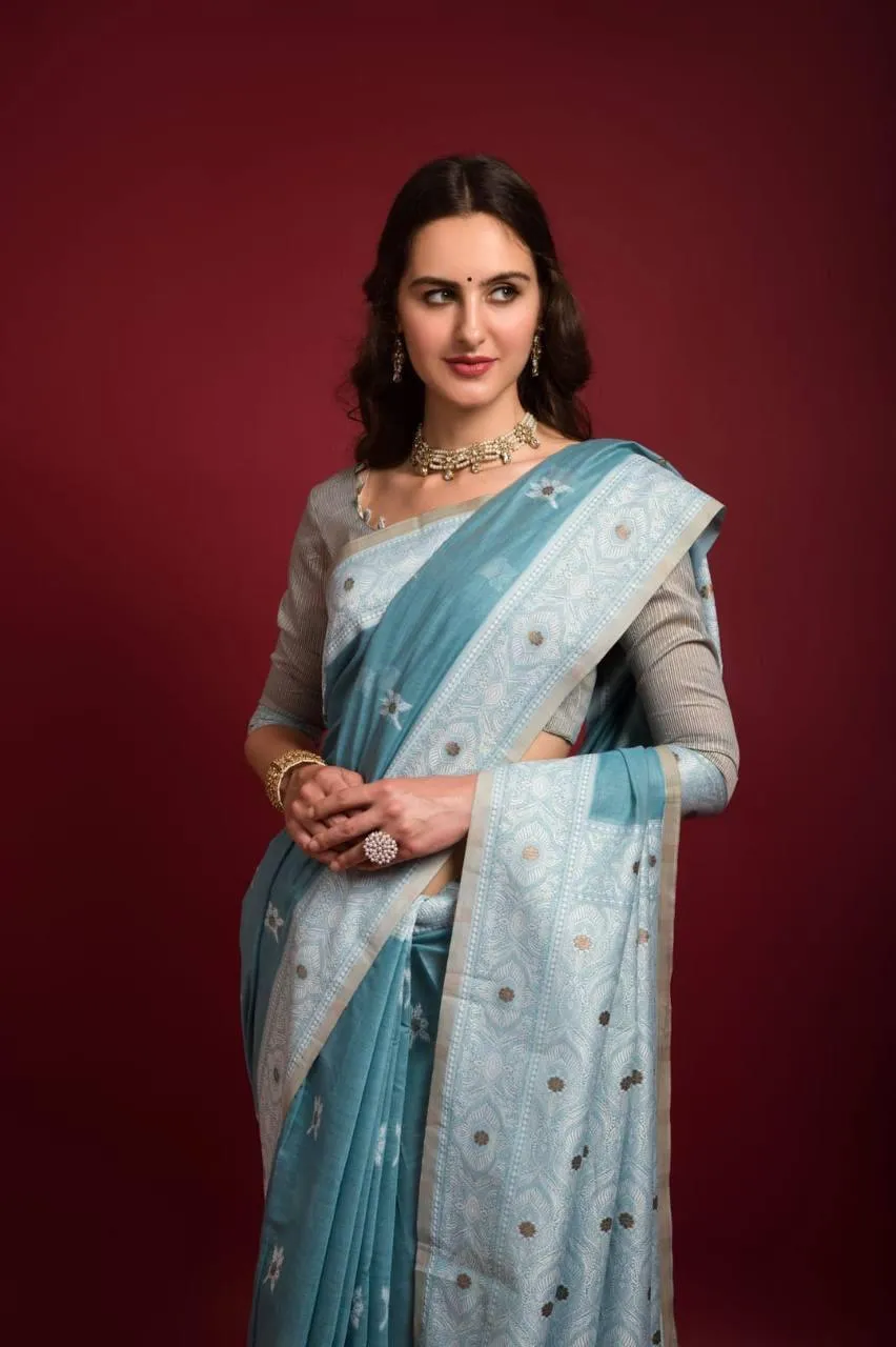 Blue Floral Lucknowi Chikankari  Saree