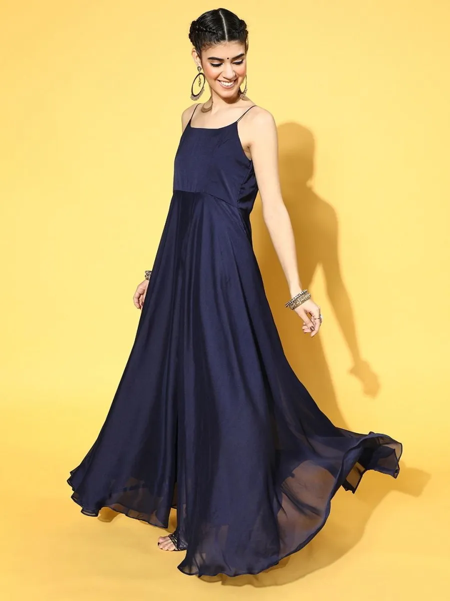 Blue Poly Silk Partywear Self Design Dresses