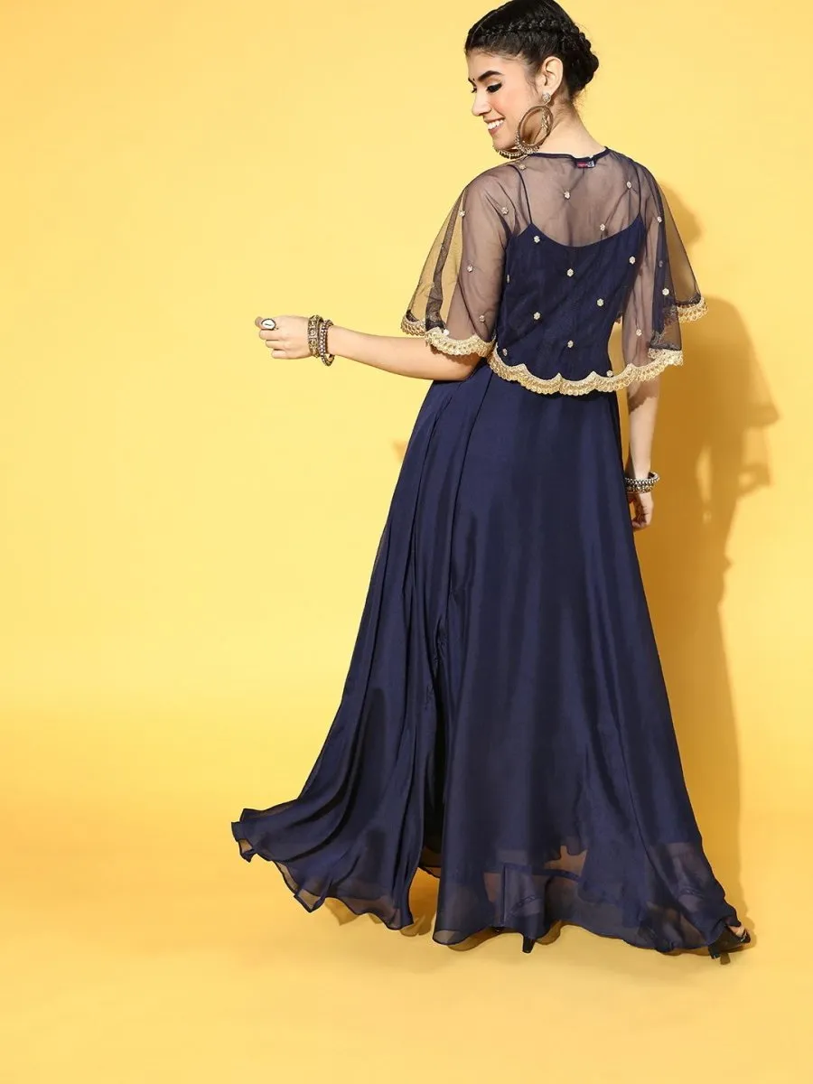 Blue Poly Silk Partywear Self Design Dresses