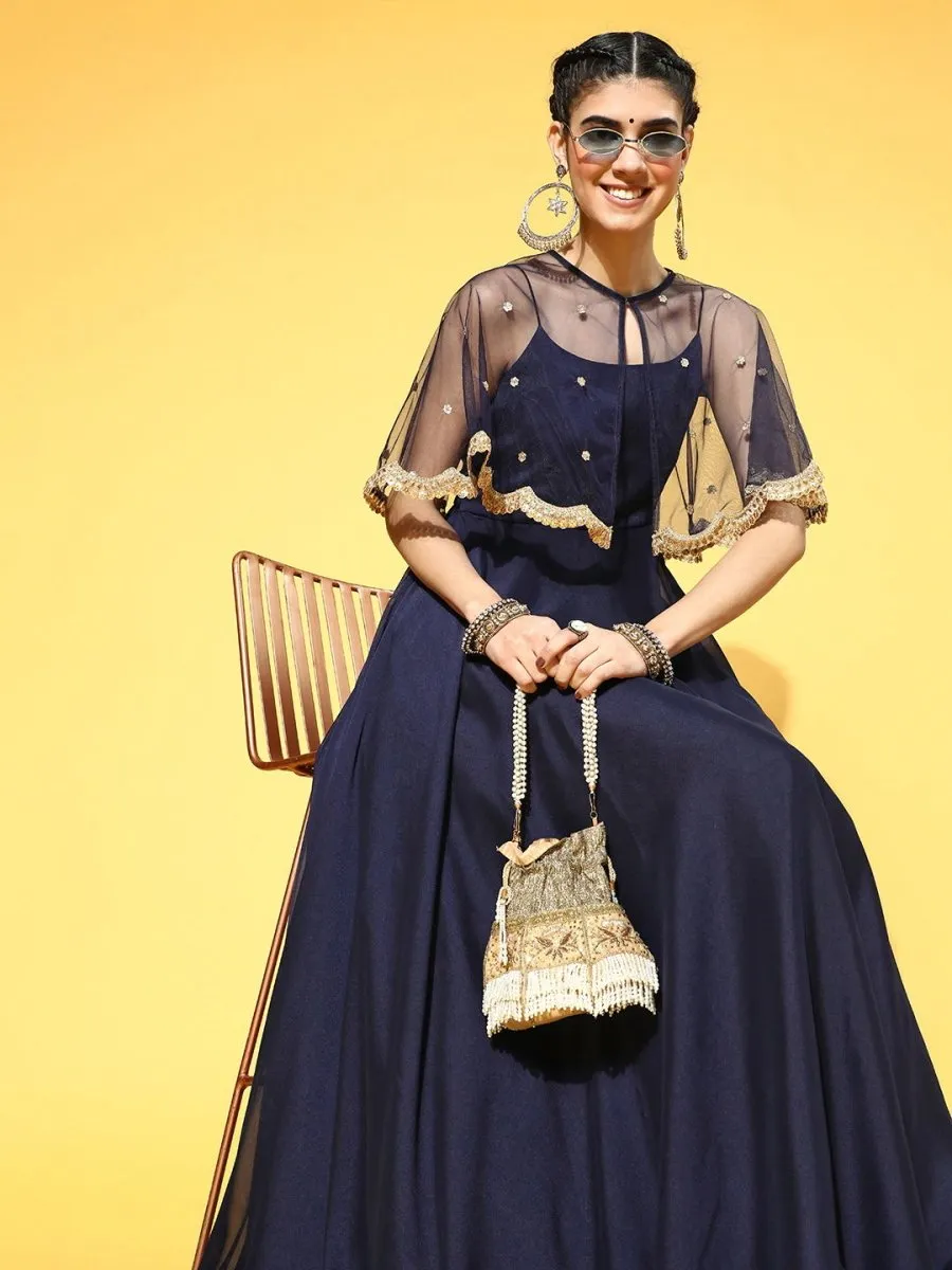 Blue Poly Silk Partywear Self Design Dresses