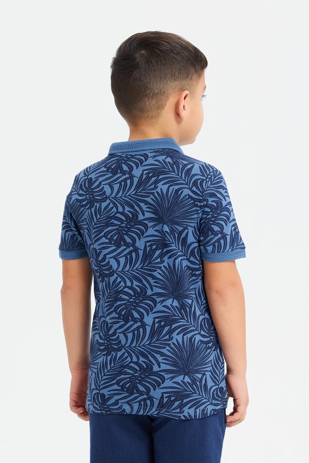 Boys Blue Printed Collar Polo Shirt