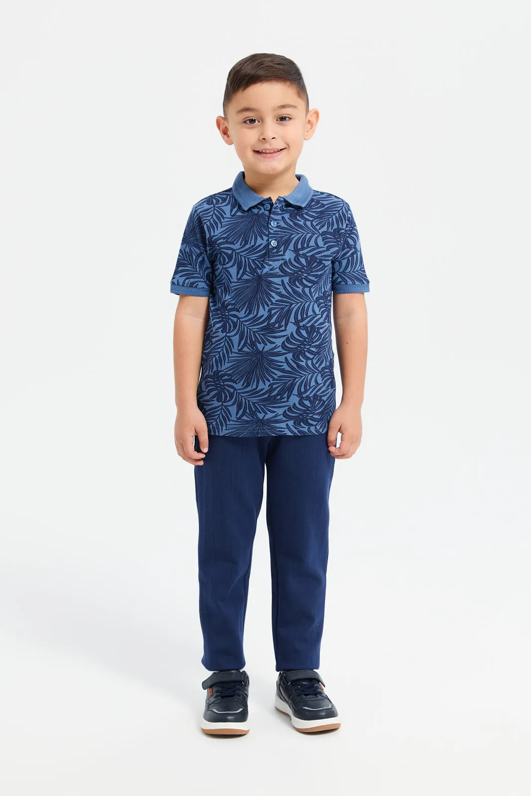 Boys Blue Printed Collar Polo Shirt