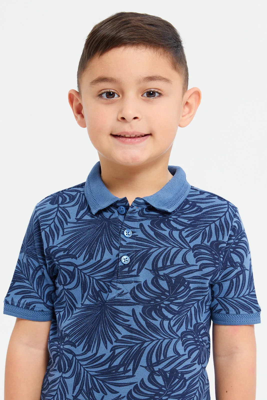 Boys Blue Printed Collar Polo Shirt