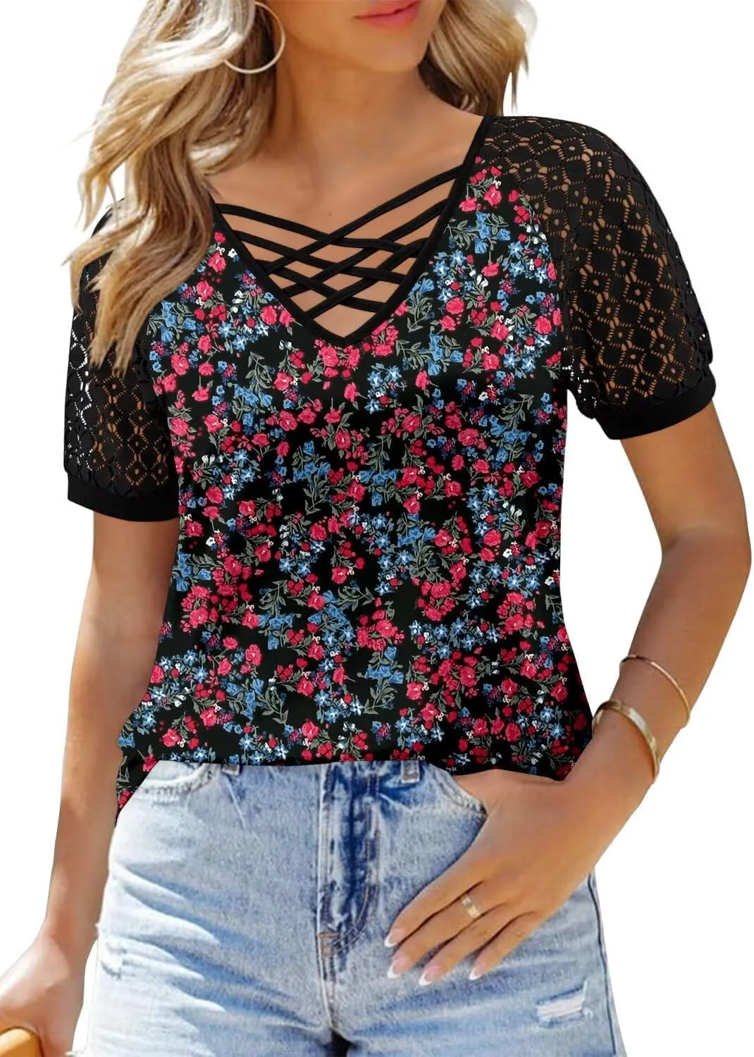 CRAZY GRID Women's T-Shirt Short Sleeve V-Neck Tops 2025 Summer Graphic Trendy Casual Comfy Tshirts
