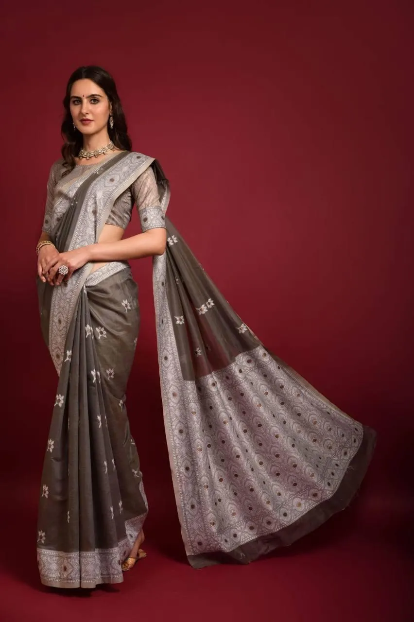 Grey Floral Lucknowi Chikankari  Saree