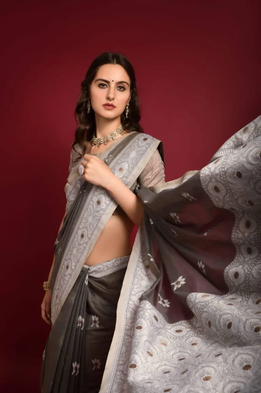 Grey Floral Lucknowi Chikankari  Saree