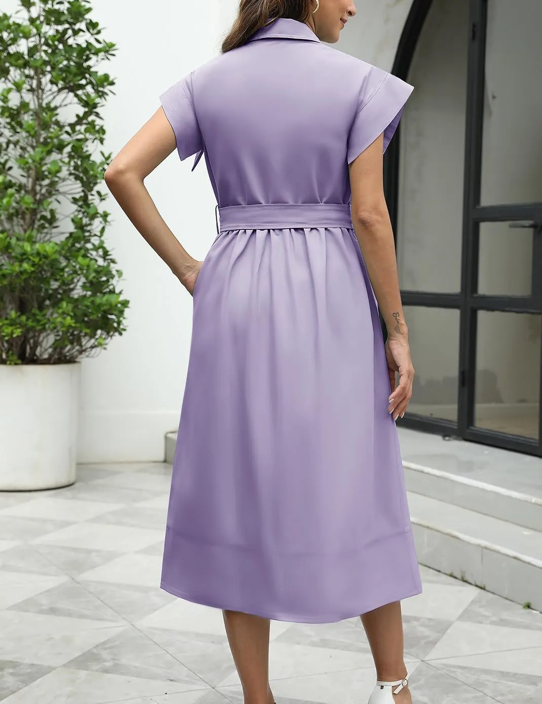 Haellun Women's Elegant Dress Classy Turn Down Collar Shirt Dress with Belt Short Wing Sleeve Trench Coat