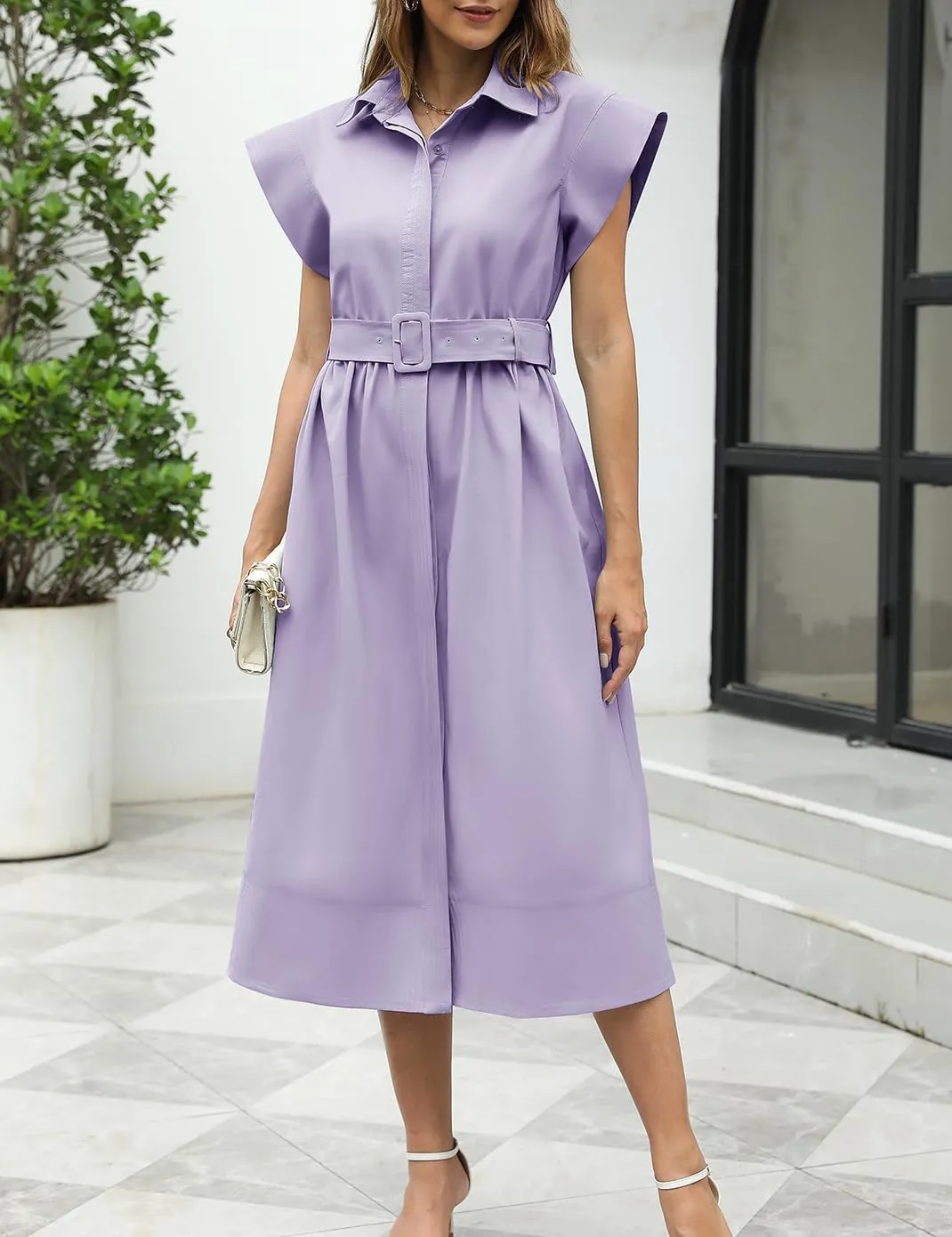 Haellun Women's Elegant Dress Classy Turn Down Collar Shirt Dress with Belt Short Wing Sleeve Trench Coat
