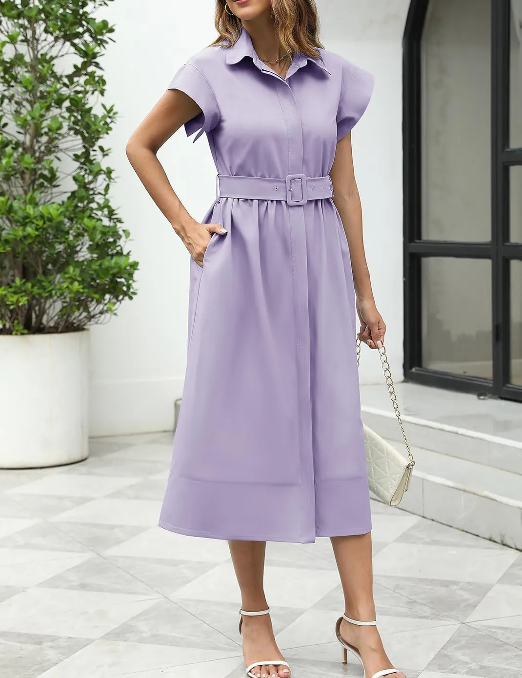 Haellun Women's Elegant Dress Classy Turn Down Collar Shirt Dress with Belt Short Wing Sleeve Trench Coat