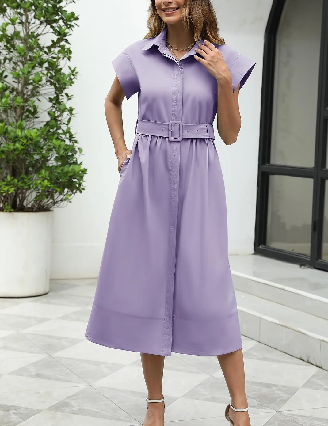 Haellun Women's Elegant Dress Classy Turn Down Collar Shirt Dress with Belt Short Wing Sleeve Trench Coat