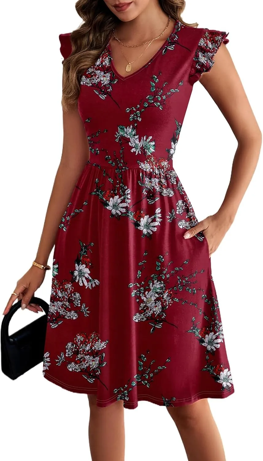 HELYO Women's Summer Dresses Cute V Neck Ruffle Sleeve Cocktail Short Work Casual Dress with Pockets 648