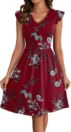 HELYO Women's Summer Dresses Cute V Neck Ruffle Sleeve Cocktail Short Work Casual Dress with Pockets 648