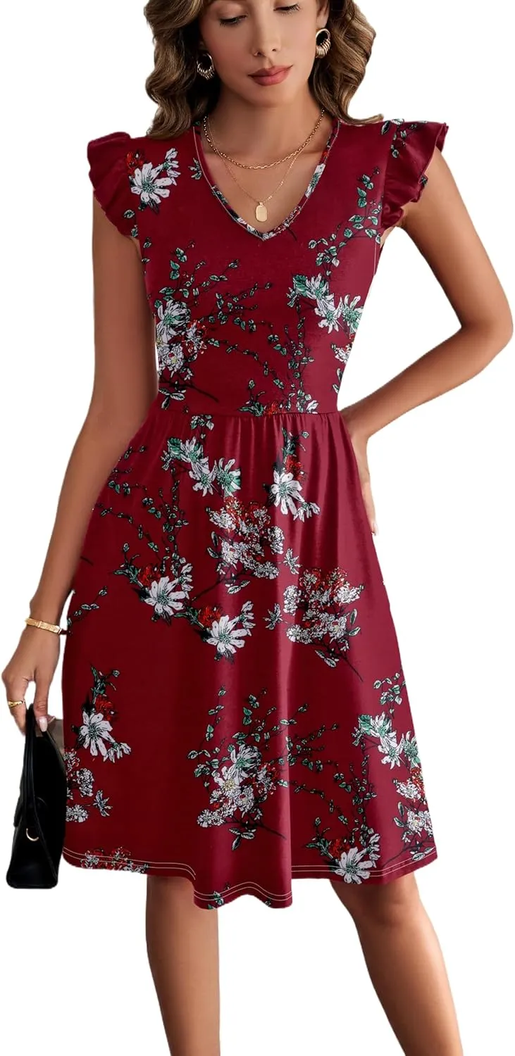 HELYO Women's Summer Dresses Cute V Neck Ruffle Sleeve Cocktail Short Work Casual Dress with Pockets 648