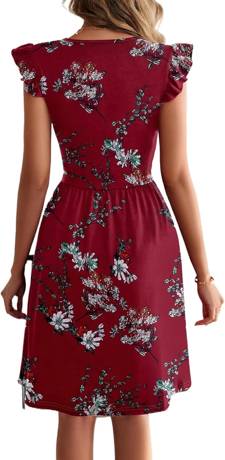 HELYO Women's Summer Dresses Cute V Neck Ruffle Sleeve Cocktail Short Work Casual Dress with Pockets 648