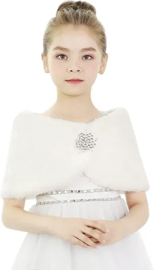 IPENNY Girls Faux Fur Wrap Shawl Flower Kids Princess Cape Wedding Bridesmaid Bolero Shrug Christmas Party Costume Dress Up