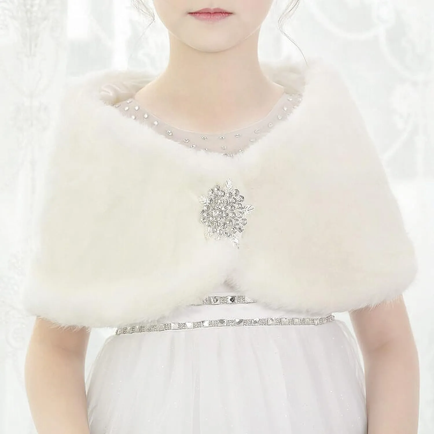IPENNY Girls Faux Fur Wrap Shawl Flower Kids Princess Cape Wedding Bridesmaid Bolero Shrug Christmas Party Costume Dress Up